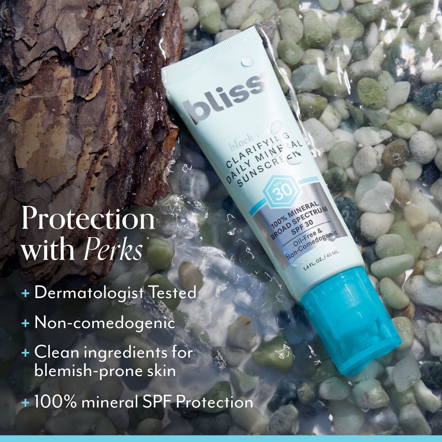 Block Star Clarifying Mineral Sunscreen SPF 30 product benefits dermatologist tested, clean ingredients for blemish-prone skin