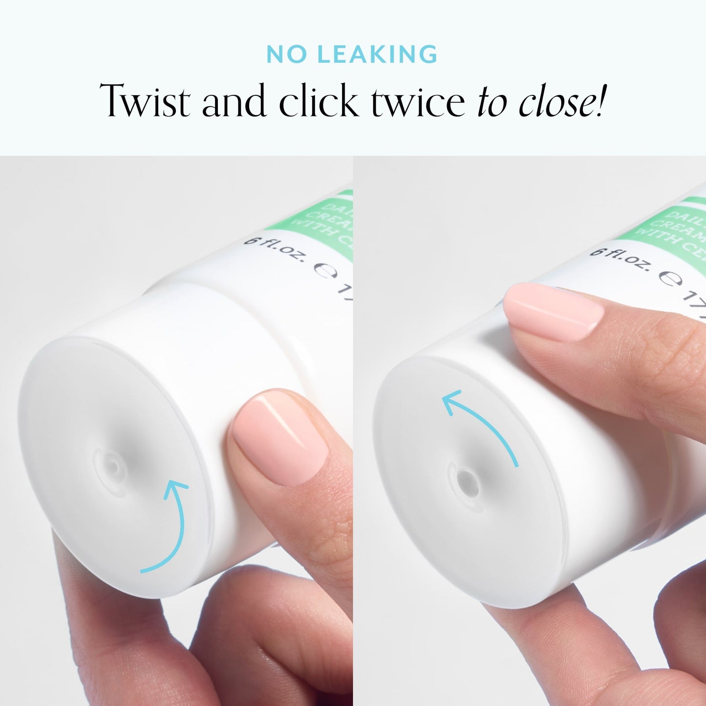 Bliss x LG One & Done Facial Cleansers cap won't leak. Twist and click to close