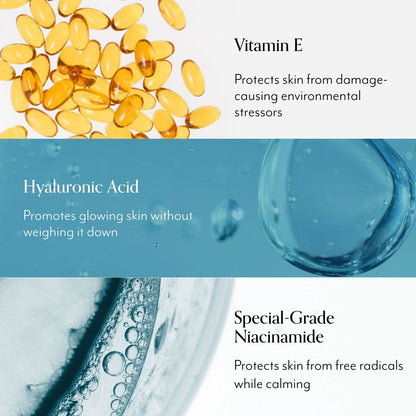 Bliss x LG Glow & Hydrate Nourishing Day Serum key ingredients include: Vitamin E, Hyaluronic Acid, and Special-Grade Niacinamide