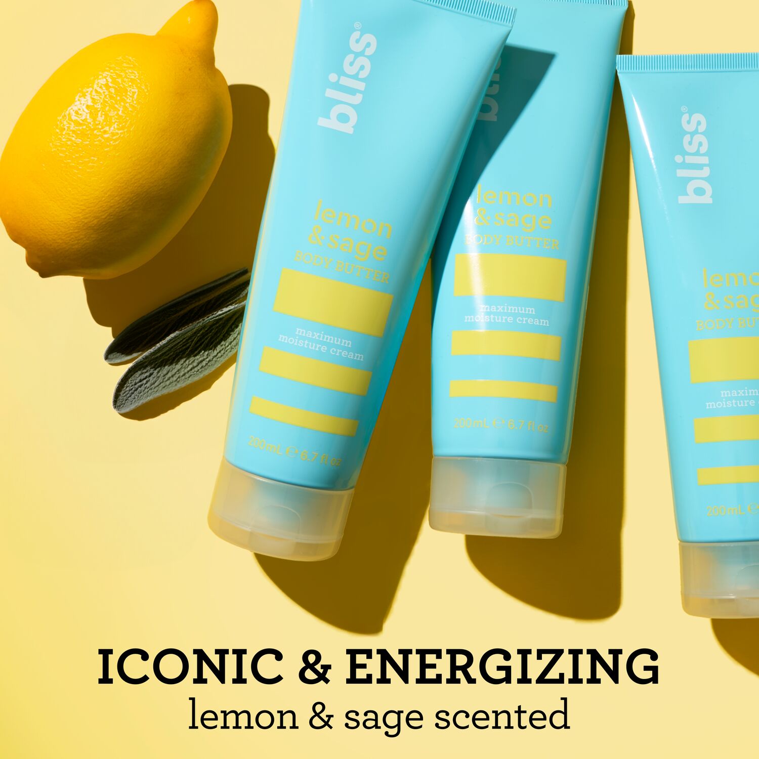 Bliss x Laura Geller Lemon & Sage Body Butter Moisture Cream product callout that it is an iconic and energizing scent