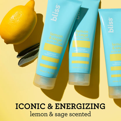 Bliss x Laura Geller Lemon & Sage Body Butter Moisture Cream product callout that it is an iconic and energizing scent