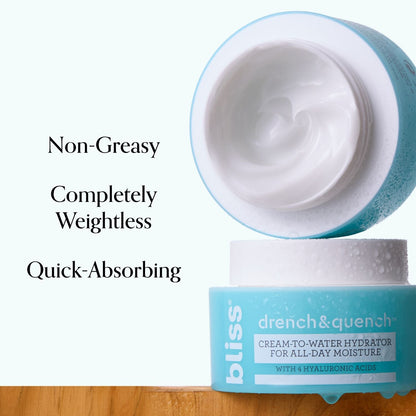 Bliss x LG Drench & Quench Moisturizer  product benefits non-greasy, weightless, quick absorbing
