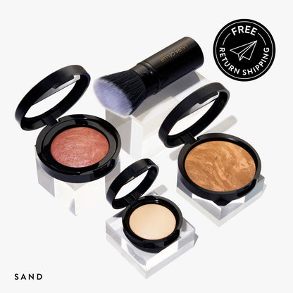 Daily routine: satin finish full face kit 4PC group shot w/ sand