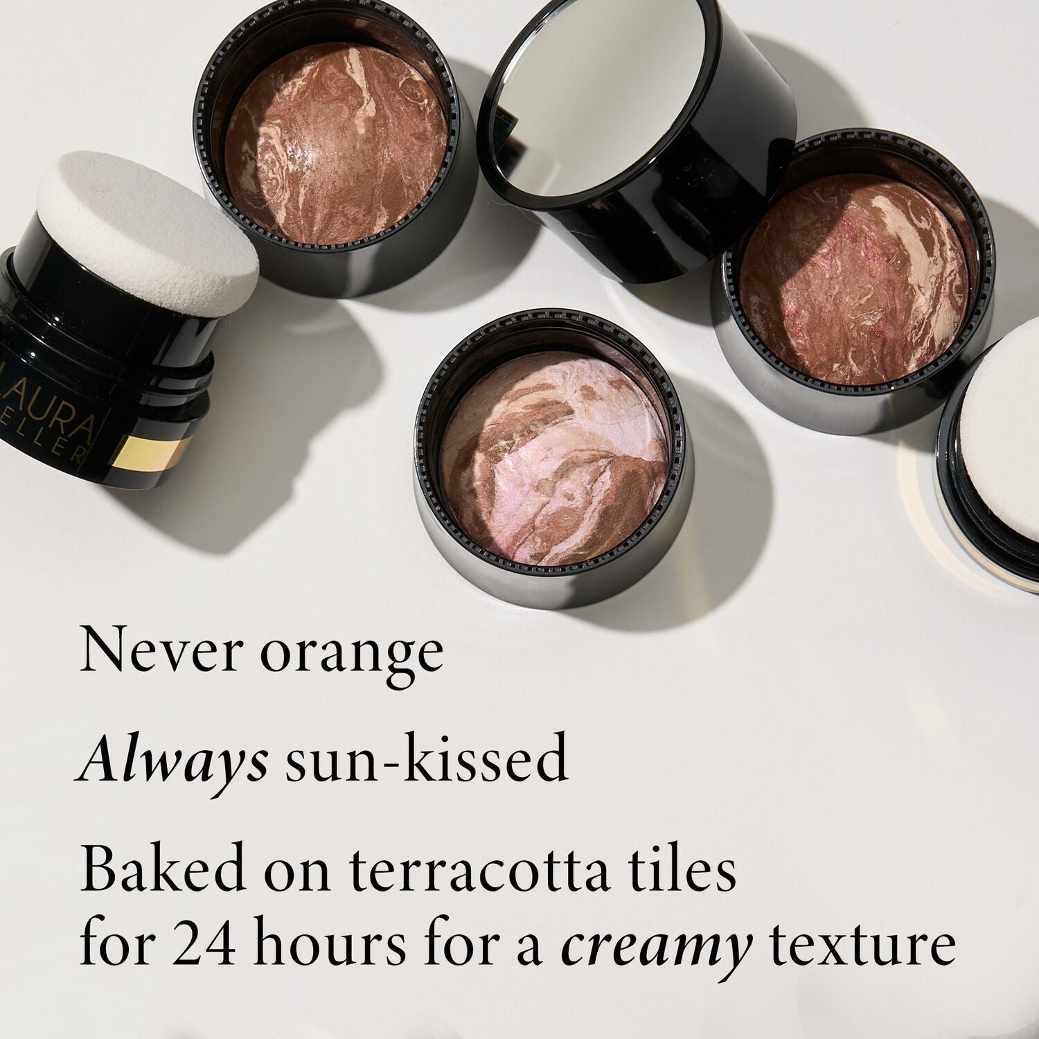 Home + Away Bronze-n-Brighten Kit (2 PC) product benefits baked on terracotta tiles for a creamy texture