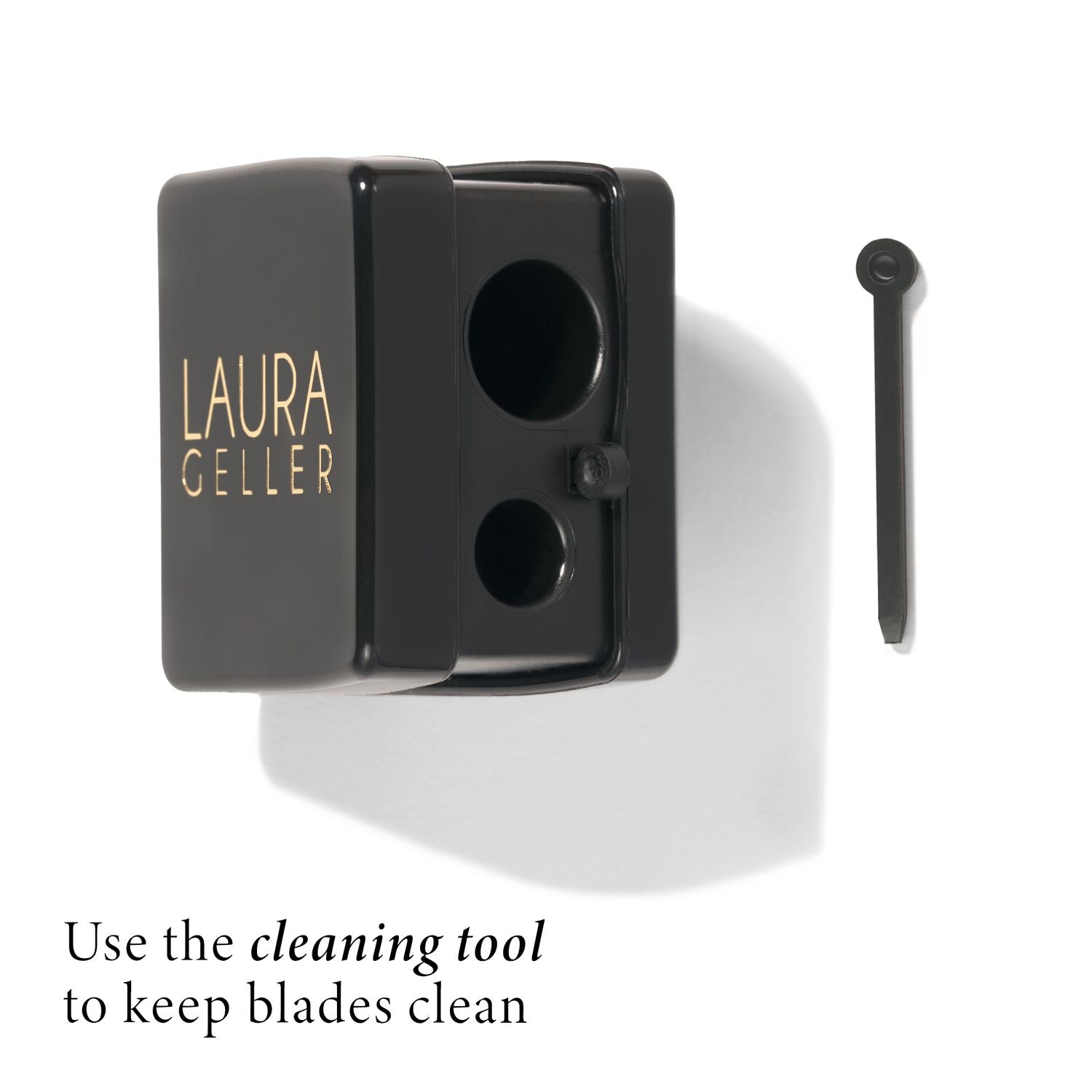 Eye + Lip Pencil Sharpener product call out to use the included cleaning tool to keep blades clean
