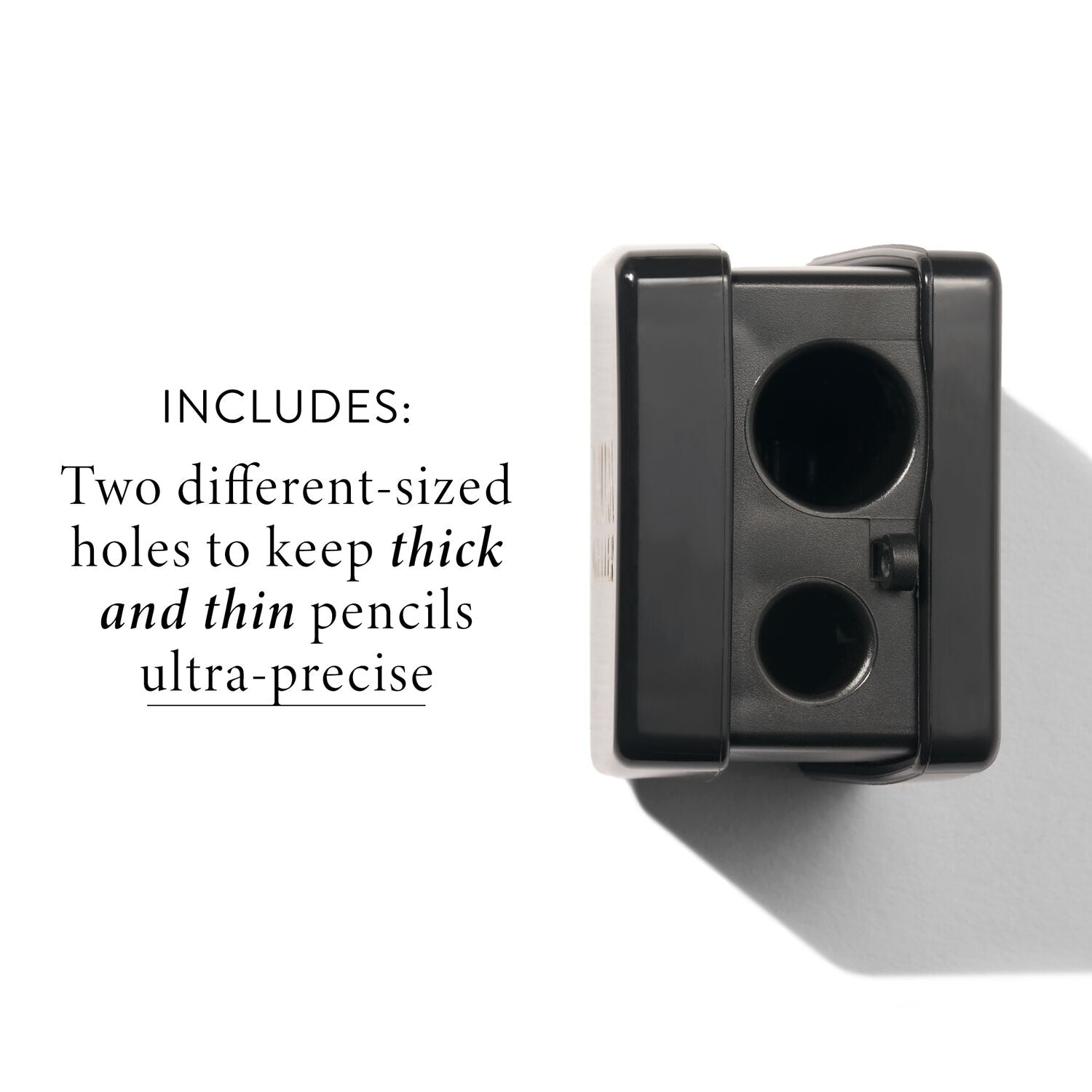 Eye + Lip Pencil Sharpener product benefits include being able to sharpen both thick and thin pencils