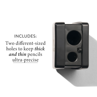 Eye + Lip Pencil Sharpener product benefits include being able to sharpen both thick and thin pencils