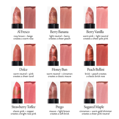 Italian Marble Lipstick texture chart with shade descriptions