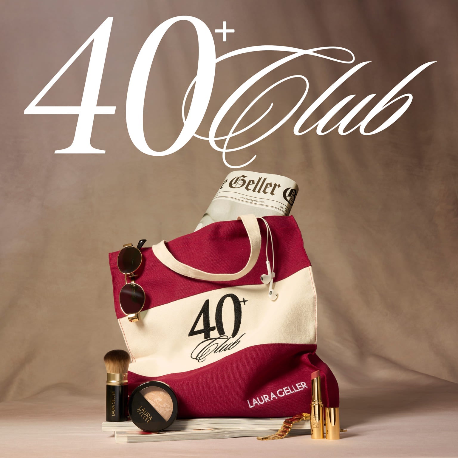 The 40+ Club Tote lifestyle with products in bag