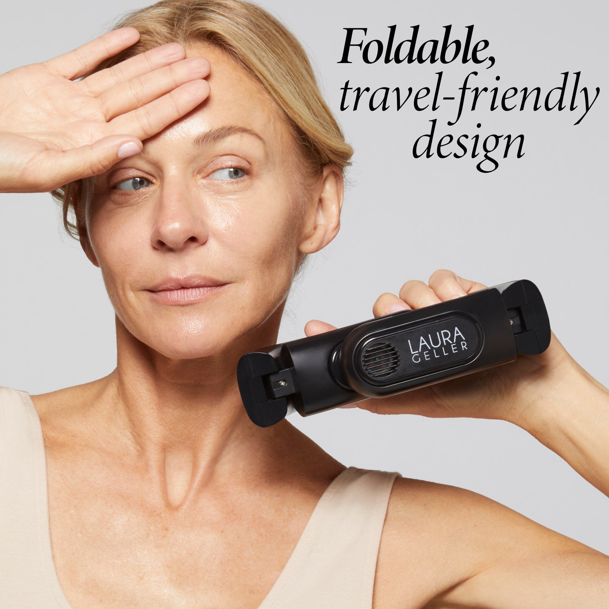 Laura Geller Cooling Neck Fan is a foldable travel friendly design