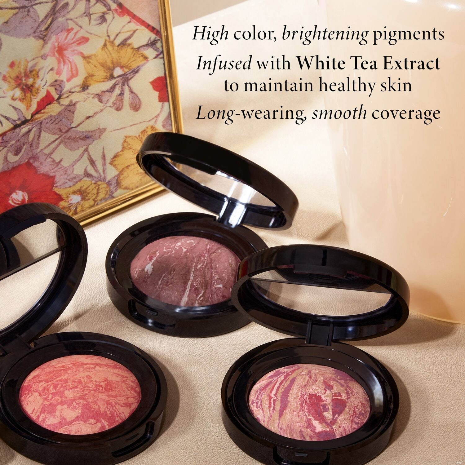 Laura Geller Blush-N-Brighten product benefits include high color and is infused with white tea extract to maintain healthy skin