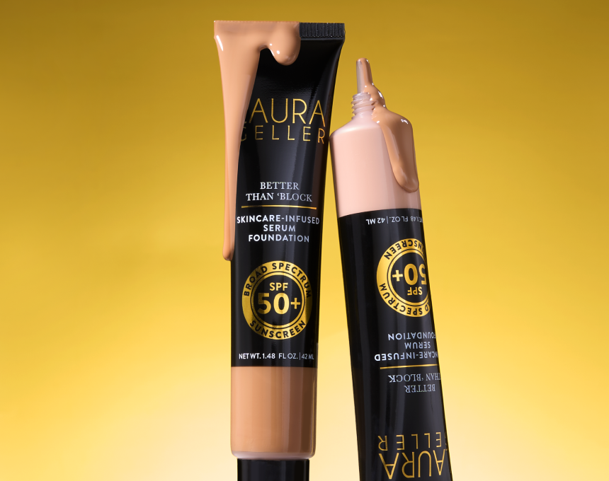 Two foundation product tubes with Laura Geller branding on a yellow background
